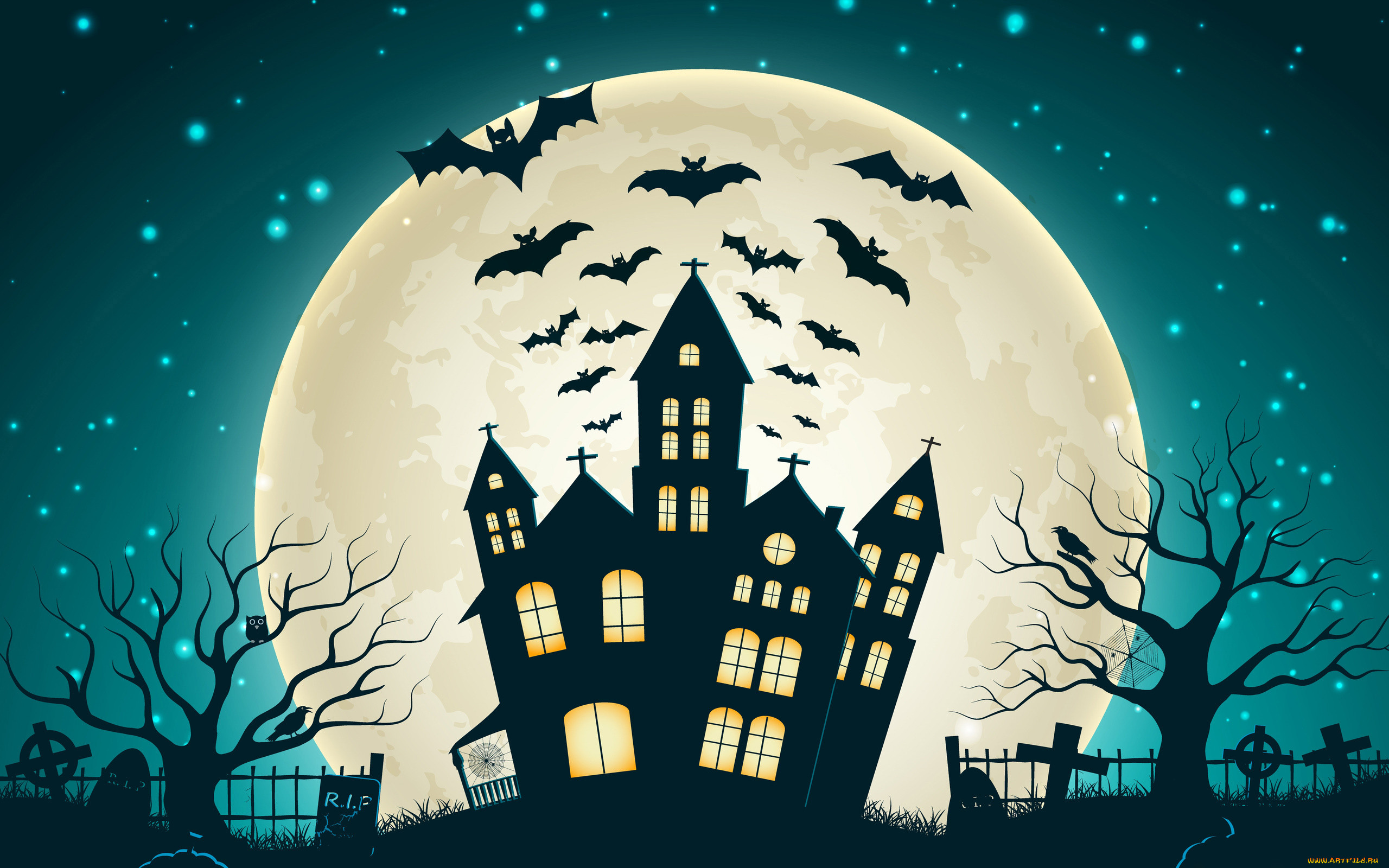 праздничные, хэллоуин, halloween, кладбище, дом, луна, мыши, ночь.